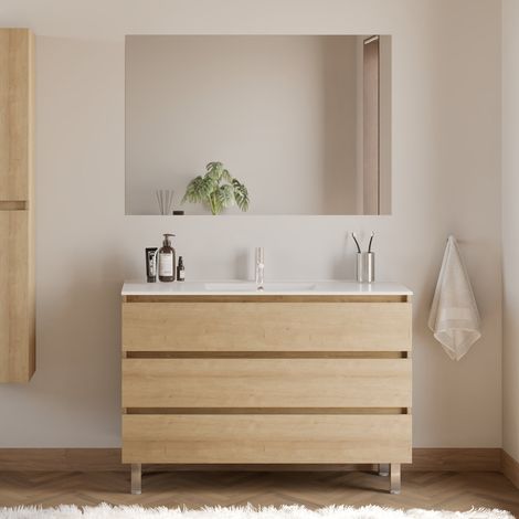 Meuble de salle de bain 120cm simple vasque - 3 tiroirs - nebraska (chêne clair) - MAYOR (1/5)