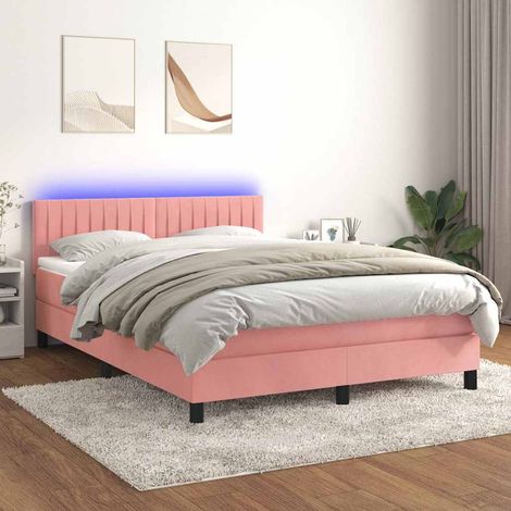 Cama box spring colchón y LED terciopelo rosa 140x200 cm (1/5)