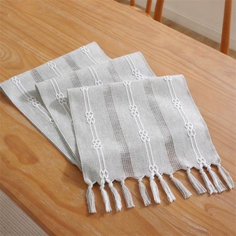 Camino de mesa, estilo bohemio, color crema, estilo rústico, con borlas, lavable, Diseño pequeño de doble jacquard gris claro, 33 x 200 cm (1/5)