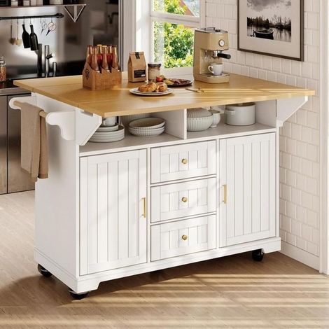 Îlot de cuisine - KOMHTOM - 120x40x95 cm - Mobile sur roulettes - Plan de travail rabattable double face - 3 tiroirs, 2 portes (1/5)