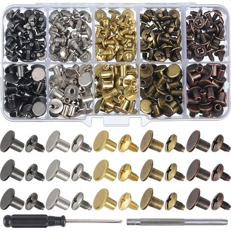 150 jeux de vis à cuir de 8 mm - Couleurs assorties - Attaches métalliques - Conviennent pour ceintures, sacs, chaussures, colliers et articles en cuir. (1/5)