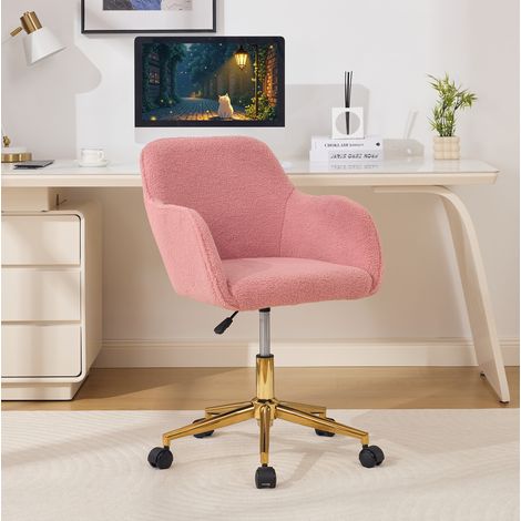 Silla giratoria de oficina, altura ajustable y giro 360°, base metálica dorada, tejido teddy rosa (1/5)