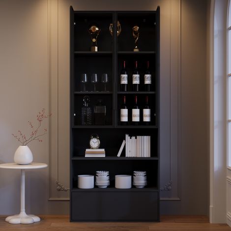 Vitrine 80x34x180 cm noire en MDF et verre avec LED, 1 tiroir et 6 niveaux (1/5)