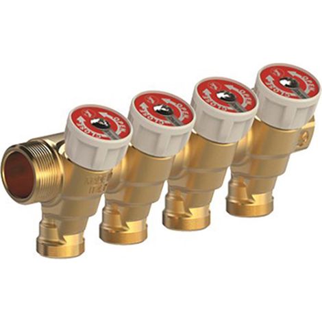 Giacomini – Collecteur sanitaire 20x27 mâle-femelle avec 2 piquages 15x21 – Vanne intégrée – Corps laiton – Pression max 10 bar – Pour eau chaude et froide (1/3)
