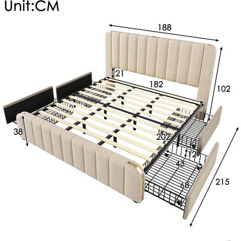 Lit rembourré Double tête de lit rembourrée avec bandes décoratives dorées et fonction de charge USB Type-C 180200 cm, linge beige avec 4 tiroirs, capacité de charge 226 kg (sans matelas)