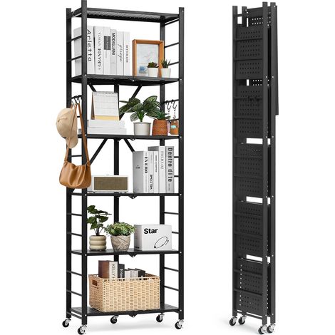 VEVOR 6 Etagen, Klappbare Regale mit Rädern, 30x61x183 cm, Faltbares Schwerlastregal, montagefreies Standregal, Haushaltsregal, Küchenregal, Metallregal für Garage, Küche, Keller, schwarz (1/5)
