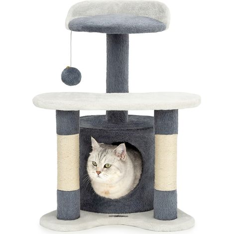 lionto Kratz- & Spielbaum, 65 cm stabiler Katzenbaum mit Sisalstämmen, Plüschhöhle & Spielball, ideal für kleine Katzen, grau/weiß