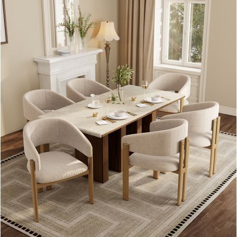 6er-Set Esszimmerstühle Metall in Holzoptik, beige Leinenstoff, 61,5 x 52,5 x 83 cm HAVRYA (1/5)