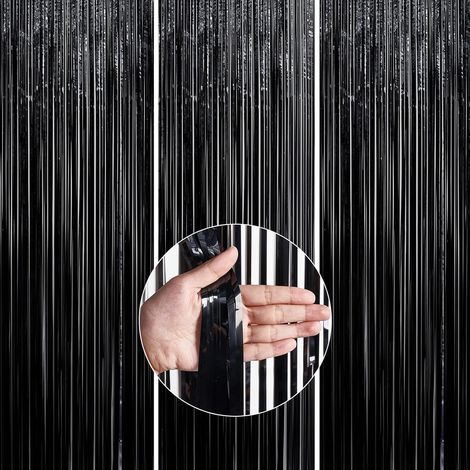 3 Pièces Noir, Aluminium, Métallique de Frange Brillant, Shimmer Rideaux pour Décoration Fête, Anniversaire, Toile de Fond(1x2m), Uni (1/5)
