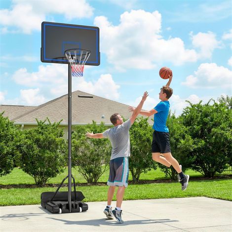 Panier de Basketball sur Pieds avec Hauteur Réglable de 1.35 à 3.05 m avec Roues. Base de Lestage et Sac de Sable. Bleu