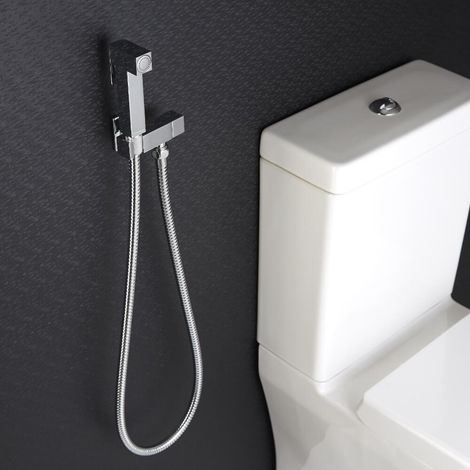 Hudson Reed – Douchette hygiène WC en laiton chromé – Design cubique moderne – Flexible acier 1.20m – Diffusion spray anti-calcaire