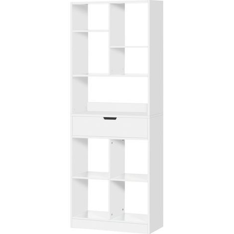 Meuble bibliothèque en bois blanc 1 tiroir 9 compartiments pour salon bureau 60x26x158cm