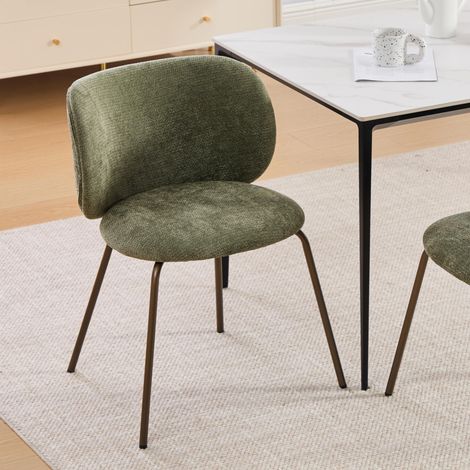 Chaise de salle à manger 1 pièce avec soutien dorsal incurvé, rembourrée, pieds en métal bronze, vert, en chenille