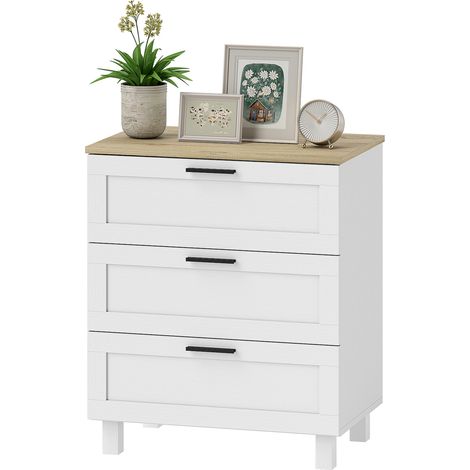 Commode 60 x 38 x 71 cm, blanc 3 tiroirs meuble rangement pieds bois massif plateau bois (1/5)