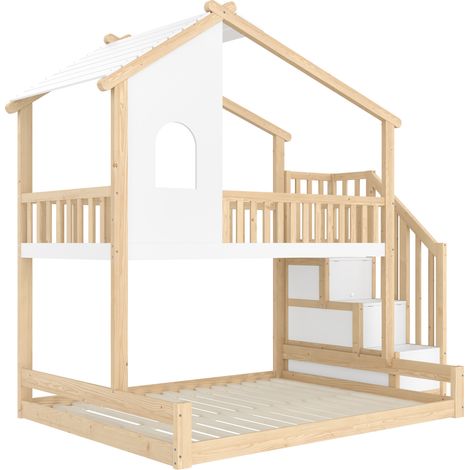 Etagenbett Haus 90x200 cm + 140x200 cm mit Stauraumleiter, Naturholz und Weiß (1/5)