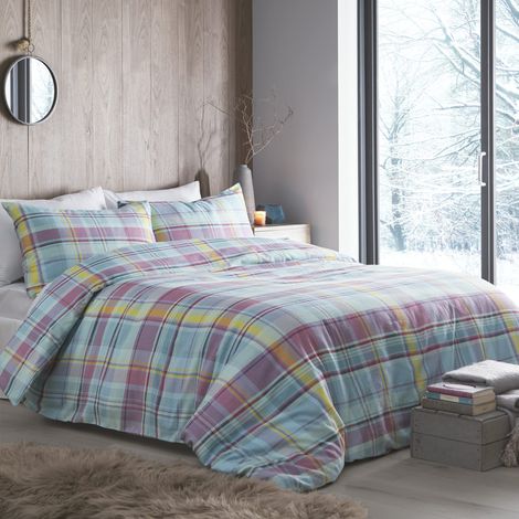 Housse de Couette à Carreaux en Coton brossé - Lit Simple (140 x 200 cm) - Coton Doux - 1 taie d'oreiller - Housse de Couette à Carreaux Multicolores - Parure de lit en Flanelle (1/4)