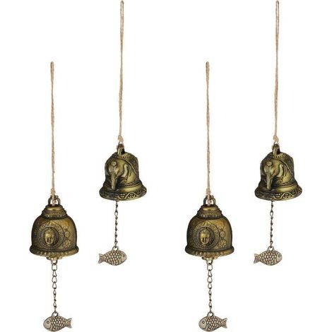 Windspiele, 4er-Set, Feng-Shui-Stil, buddhistische Motive, beruhigender Klang, Garten, Metall, Gold (1/5)