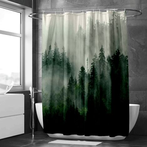 Rideau de douche forêt brumeuse et montagnes – Paysage naturel apaisant (1/5)