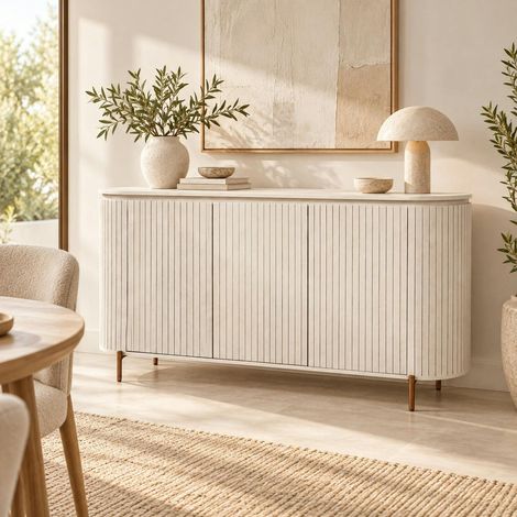 Buffet 3 portes en bois beige sable rainuré CALERO (1/5)