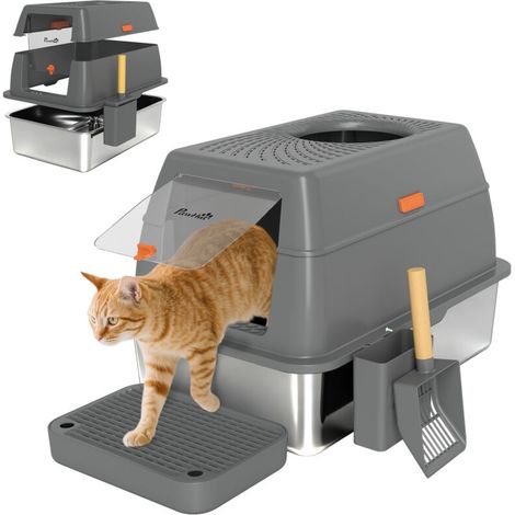 Bac à litière fermé maison de toilette pour chat acier inoxydable couvercle marche anti-dispersion 60x40x38cm gris foncé (1/5)