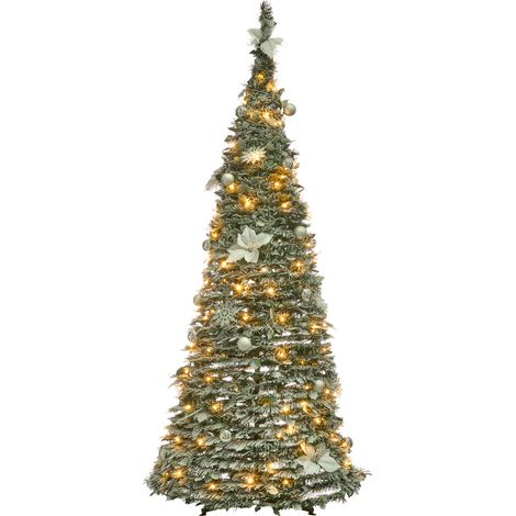 Árbol de Navidad artificial nieve con luces LED incorporadas y soporte metálico plegable 185 cm blanco Firvana