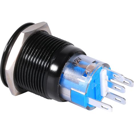 19 mm wasserdichter Drucktaster, 12–24 V, Ein/Aus, selbstverriegelnd, mattschwarz mit blauer LED (1/4)