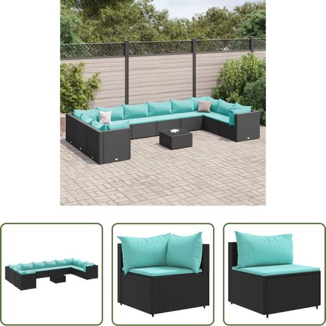 vidaXL Rattan - 11-tlg. Garten-Lounge-Set mit Kissen Schwarz Poly Rattan (1/5)