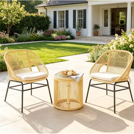 Salotto da giardino 2 posti beige con tavolino rotondo in vetro temperato HAVRYA (1/5)