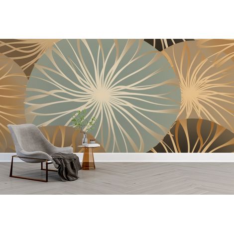 Papier peint art déco - éventails géométriques dorés et gris - 300 x 250 cm (1/2)