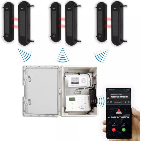 Protection périmétrique 'PRO' solaire 900m sans-fil & point d'alerte GSM 4G IP65 3 barrières infrarouges 1B (DA600+/KP) (1/5)