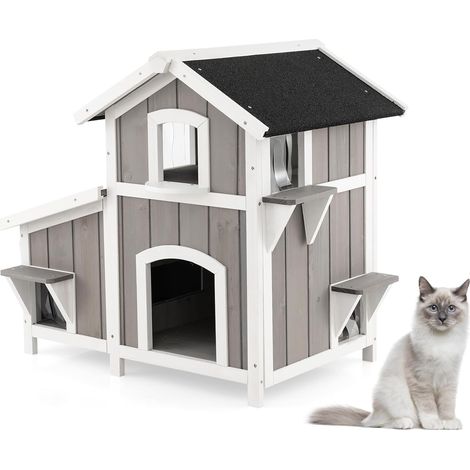 COSTWAY Casetta per Gatti con 2 Ingressi Frontali e 4 Bucchi con Tende in PVC, Villa per Gatti in Legno di Abete a 2 Piani con Tetto Impermeabile, Cuccia per Animali Piccoli, 100 x 64 x 82,5 cm (1/5)