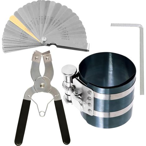 Compresseur à anneau de piston de 3 pouces 4Pcs et pinces d'enlèvement d'outil d'installation de piston réglable avec clé et kit d'assortiment de jauge de sens en acier inoxydable (1/5)