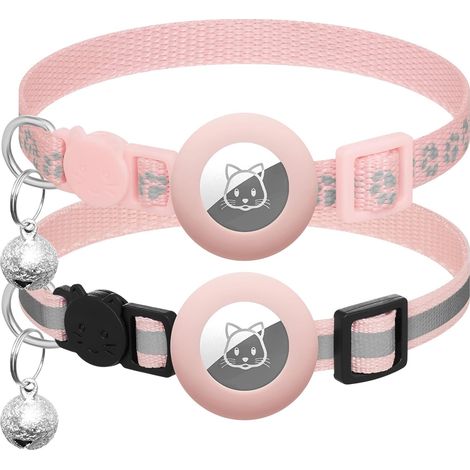 2 Pack Collier Chat avec Accessoire Compatible avec Airtag,Réfléchissant GPS Chat avec Anti étranglement,Réglable,GPS Airtag Non Inclus (Rose) (1/5)