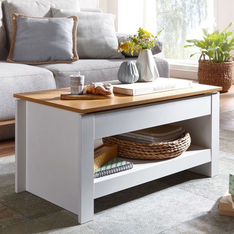 M&S – Table basse gigogne avec plateau coulissant 85x47x45 cm – Panneaux de particules stratifiés – Finition blanc naturel – Compartiment secret