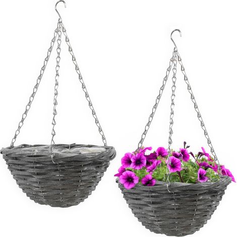 Weide Flechtkorb zum hängen 29 cm mit Folie - 2er Set - Rattan Hängeampel shabby grau mit Metallkette