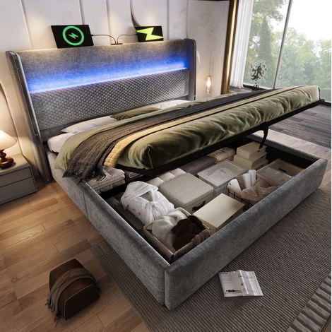 Letto moderno 160x200 cm con testiera alta, vano contenitore idraulico, LED e USB/Type-C, lino grigio (1/5)