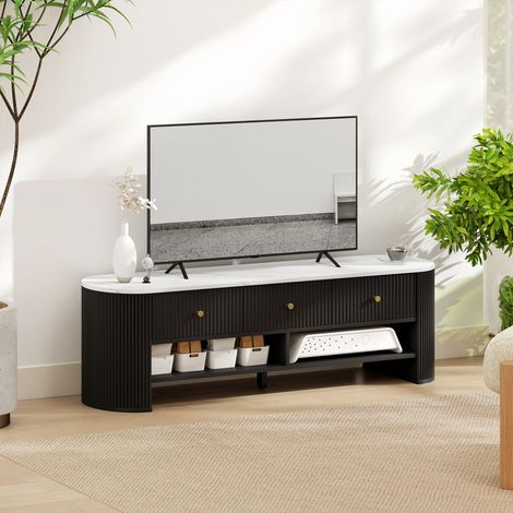 Mueble para TV de 140 cm, para televisores de 65 pulgadas, efecto mármol, con 3 cajones con frentes estriados y 2 estantes, color negro. (1/5)
