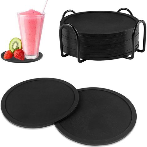 12 Pièces Dessous de Verre Silicone avec Support, sous-Verre de Table Noir avec Rainures, sous-Bock Rond Design de Plat pour Café ou Bière Tasses, Tasse à Thé, Boissons, Plantes et Les Bars (1/5)