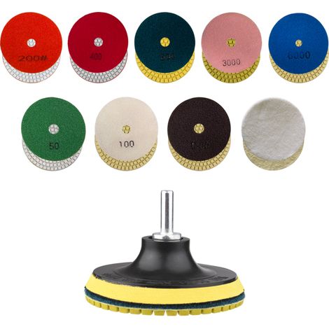 disques de polissage diamantés de 10 cm + 2 disques de polissage en feutre de laine + 1 support de polissage + 1 adaptateur de perceuse pour sols en granit, béton et marbre (1/5)