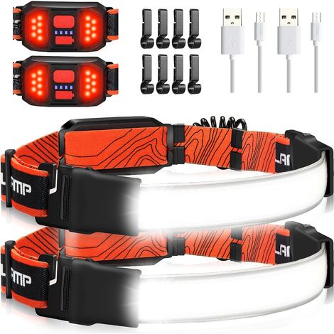 Lampe frontale rechargeable, grand angle 230 ° 1000 lumens lampe frontale avec feu arrière rouge 3 modes d'éclairage léger lampe frontale LED réglable étanche pour course à pied cyclisme 2 paquets (1/5)
