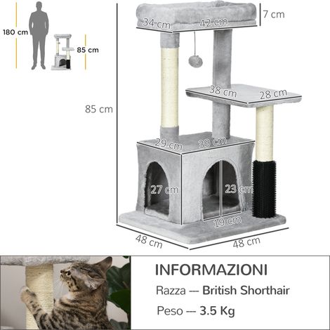 Mehrstufiger Katzenbaum mit Bett und Versteck. Plüschige Innenausstattung. Grau (1/5)