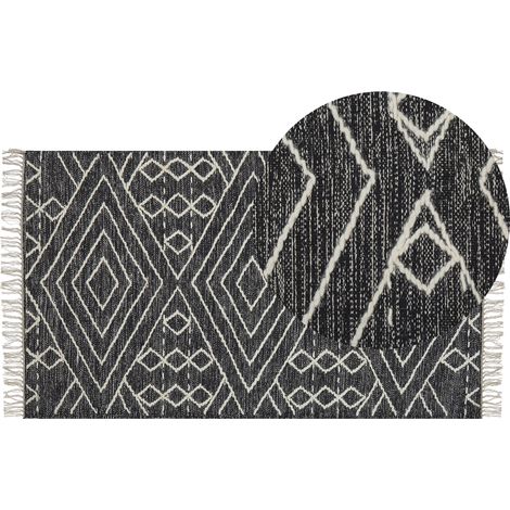 Alfombra de algodón negro blanco crema 80 x 150 cm geométrico borlas Khenifra