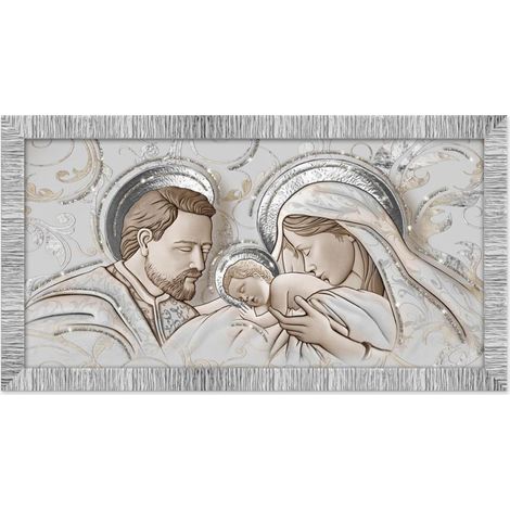 Lupia - Quadro moderno THE KISS CERAMIC MIX Sacra Famiglia GIOVY, Decorazione Glitter, Cornice Legno Striata Argento, Adatto per Camera da letto, Soggiorno e Ufficio, 60x110 cm, stampa su Legno (1/4)