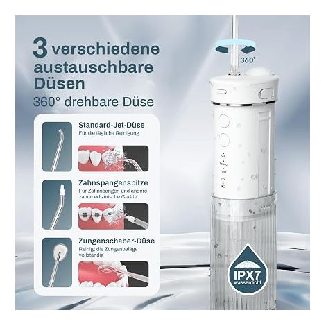 Hydropulseur Jet Dentaire Portable Mini, Électrique Irrigateur Oral Detartreur Avec 5 Rechange, 4 Modes Water Flosser, 230 ML Réservoir D'eau Escamotable, IPX7 Étanche(Blanc) (1/3)