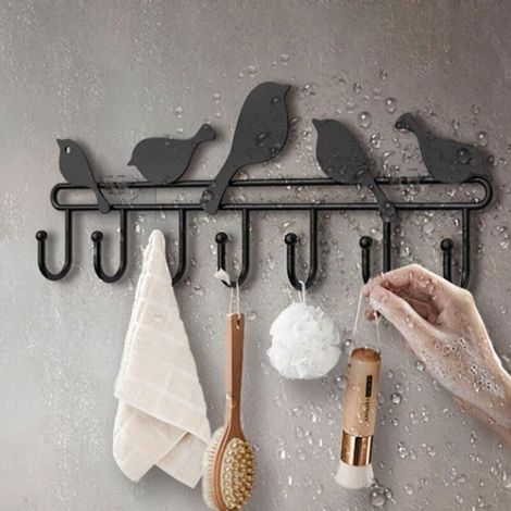 Appendiabiti da parete con 7 ganci, decorazione da parete, ganci a forma di uccello, appendiabiti per bagno, camera da letto, corridoio, spazio di archiviazione per la casa (nero) (1/3)