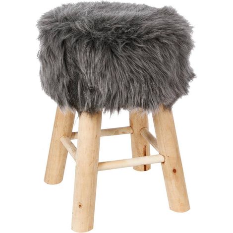Ac-Deco – Tabouret effet fourrure gris 30cm diamètre – Hauteur 42cm – Structure en pin – Assise en polyester – Meuble d'appoint élégant