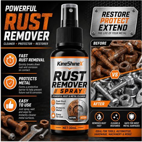 KineShineX Powerful Rust Remover Spray for Metal Surfaces, Tools, Chains, Screws, Doors and Windows Cleaning and Care (1/4)