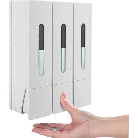 Dispenser di sapone a 3 scomparti da parete, pompa per sapone sospesa da parete, sapone e shampoo per doccia, non richiede foratura, bianco, bagno, cucina, vasca idromassaggio (1/5)
