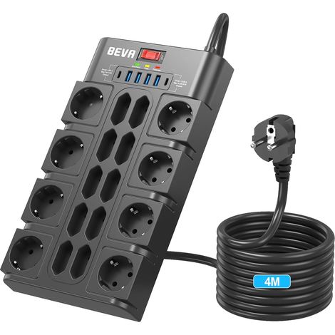 18 Prises Multiprise,2100J Multiprise Parafoudre et Surtension,Noir  3680W/16A Prise Electrique 4 USB-A +2 USB-C(15W), Prise Multiple avec Terre, Câble 4M (1/5)