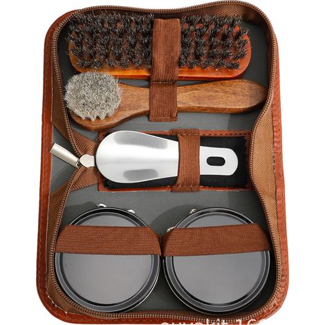 Portable horsehair brush 7-piece sheep oil maintenance leather set, black and colorless cleaning and maintenance oil leather shoe care kit (1/5)
